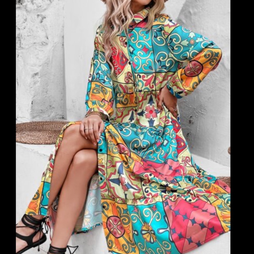 Sunday Up Dress Boutique Maxi Length Full Front Button Up Size Large